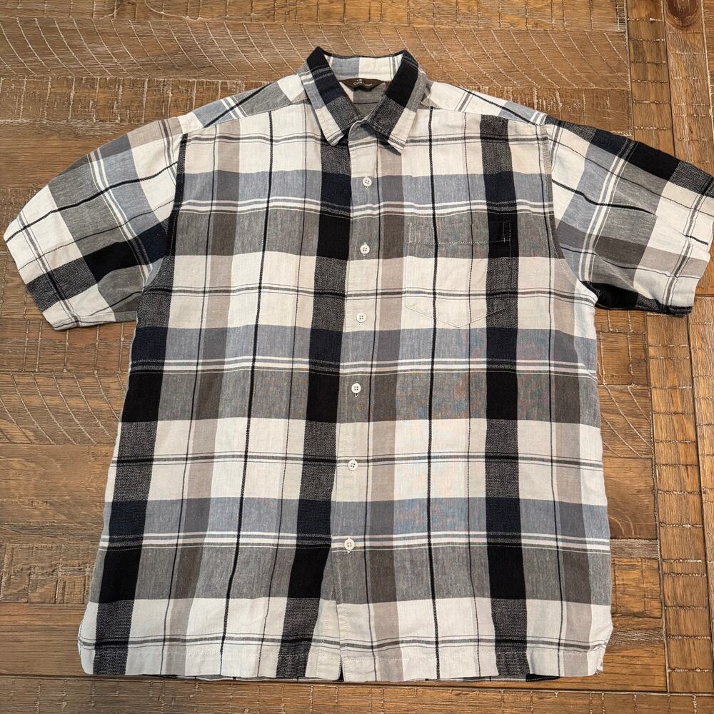 Cafe Luna Men's Medium Button Down Shirt Plaid Short Sleeve Ramie Cotton Blend